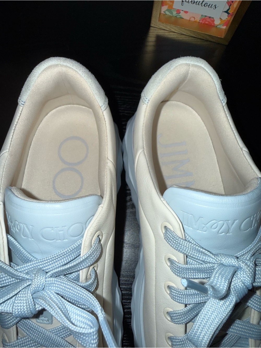 Jimmy Choo Leather Sneakers Platform Cream Blue Lace Up Size 37.5 - Picture 9 of 10